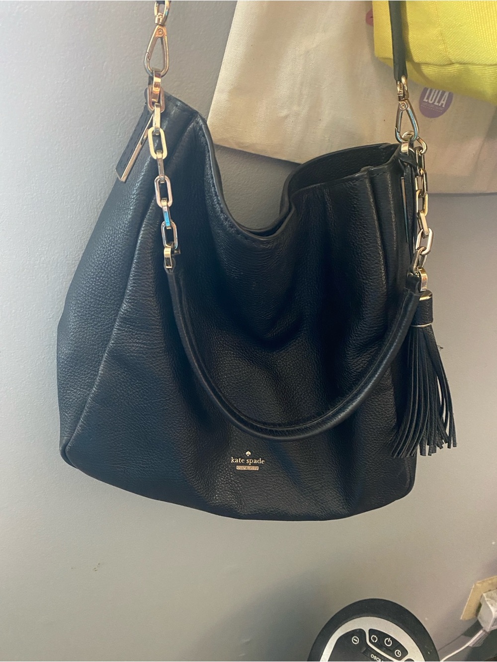 kate spade Black Leather Shoulder Hobo with Tassel and Chain Accent